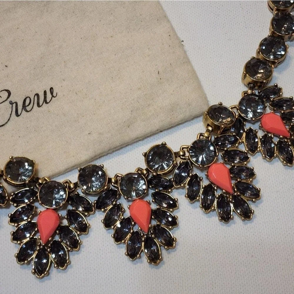 J. Crew navy‎ and coral jeweled art deco BRÛLÉE statement necklace